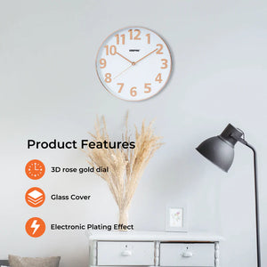 Geepas GWC26013 Wall Clock | Stylish 3D Rose Gold Dial with Glass Cover| Electronic Plating Effect| Precise Timekeeping | 2-Year Warranty | Ideal for Home & Office