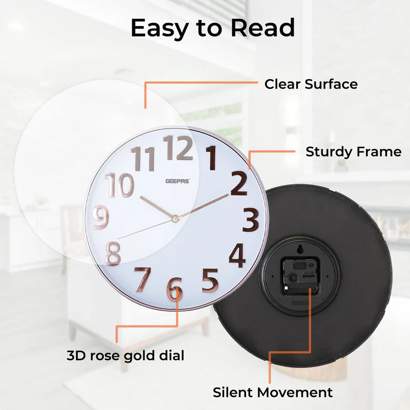 Geepas GWC26013 Wall Clock | Stylish 3D Rose Gold Dial with Glass Cover| Electronic Plating Effect| Precise Timekeeping | 2-Year Warranty | Ideal for Home & Office