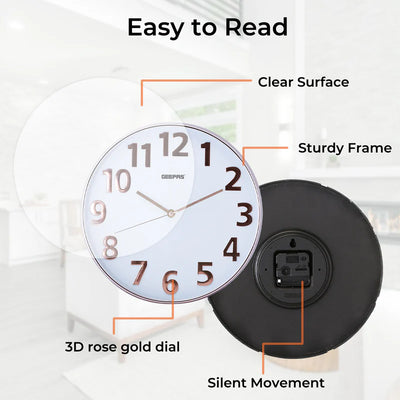 Geepas GWC26013 Wall Clock | Stylish 3D Rose Gold Dial with Glass Cover| Electronic Plating Effect| Precise Timekeeping | 2-Year Warranty | Ideal for Home & Office