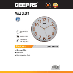 Geepas GWC26013 Wall Clock | Stylish 3D Rose Gold Dial with Glass Cover| Electronic Plating Effect| Precise Timekeeping | 2-Year Warranty | Ideal for Home & Office
