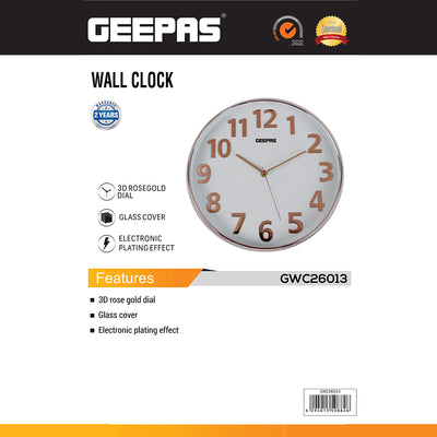 Geepas GWC26013 Wall Clock | Stylish 3D Rose Gold Dial with Glass Cover| Electronic Plating Effect| Precise Timekeeping | 2-Year Warranty | Ideal for Home & Office