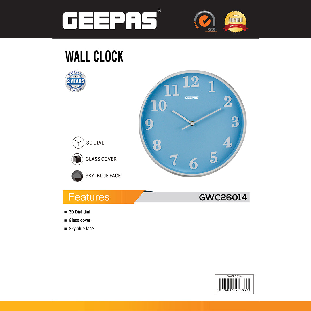 Geepas GWC26014 Wall Clock | 3D Dial | Glass Cover| Elegant Sky-Blue Face| Modern Stylish Design for Home & Office| Durable Build | Accurate Timekeeping| 2-Year Warranty