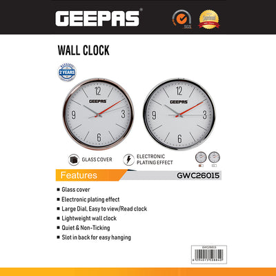 Geepas GWC26015 Wall Clock | Large Dial, Glass Cover | Electronic Plating Effect | Quiet & Non-Ticking | Lightweight Design |  Ideal for Home & Office | 2-Year Warranty