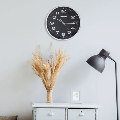 Geepas GWC26016 Wall Clock | Elegant Glass Cover with Electronic Plating Effect |Modern Home & Office Design| Available in Black & White| Durable Build| 2-Year Warranty