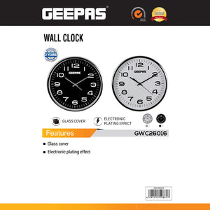 Geepas GWC26016 Wall Clock | Elegant Glass Cover with Electronic Plating Effect |Modern Home & Office Design| Available in Black & White| Durable Build| 2-Year Warranty