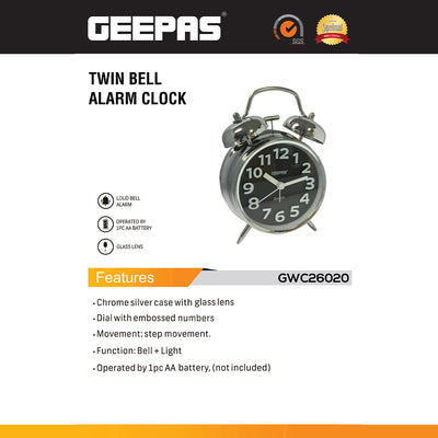 Geepas GWC26020 Twin Bell Alarm Clock | Loud Twin Bell Ring  | Light Function for Night Visibility | Durable Metal Body | Battery Operated | Ideal for Home & Office