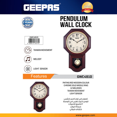 Geepas GWC4810 Pendulum Wall Clock | Painting Red Wooden Finish | Chrome Gold Ring | 12 Melodies| Taiwan Movement| Light Sensor| Elegant Vintage Design| 2-Year Warranty