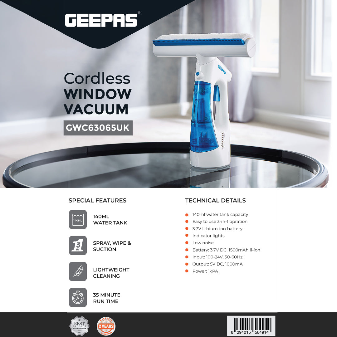 Geepas GWC63065UK Cordless Window Vacuum Cleaner | 3-in-1 Spray, Wipe & Suction| 140ml Water Tank| 3.7V 1500mAh Li-ion Battery| 35-Minute Run Time | 2 Years Warranty
