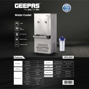 Geepas GWCL2820 Stainless Steel Water Cooler 45L | 2 Tap Heavy-Duty Storage Water Cooler | 25 US Gallon Cooling Capacity | T3 Climate Performance for Commercial Use