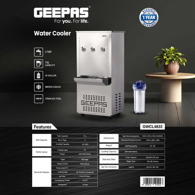 Geepas GWCL4833 75L Water Cooler with 3 taps | stainless steel body |  air-cooled system | Perfect  for large spaces | T3 climate-rated  | 1-year warranty | Durable