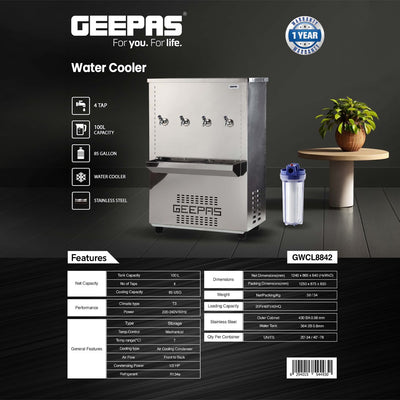 Geepas 100 L Stainless Steel Water Cooler GWCL8842| 4 taps & 85 Gallon Capacity | Temperature Range 7-Degrees Celsius| Air Cooling Condenser Cooling Type| 1 Year Warranty