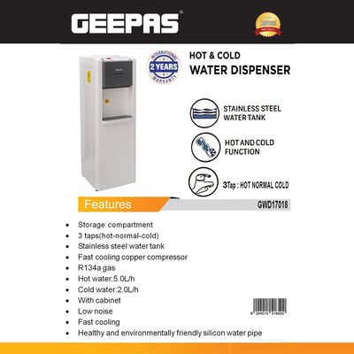 Geepas GWD17018 Hot & Cold Water Dispenser with Stainless Steel Water Tank | 3 Tap Hot Normal Cold System | Fast Cooling Compressor & Built-In Storage Cabinet | Eco-friendly
