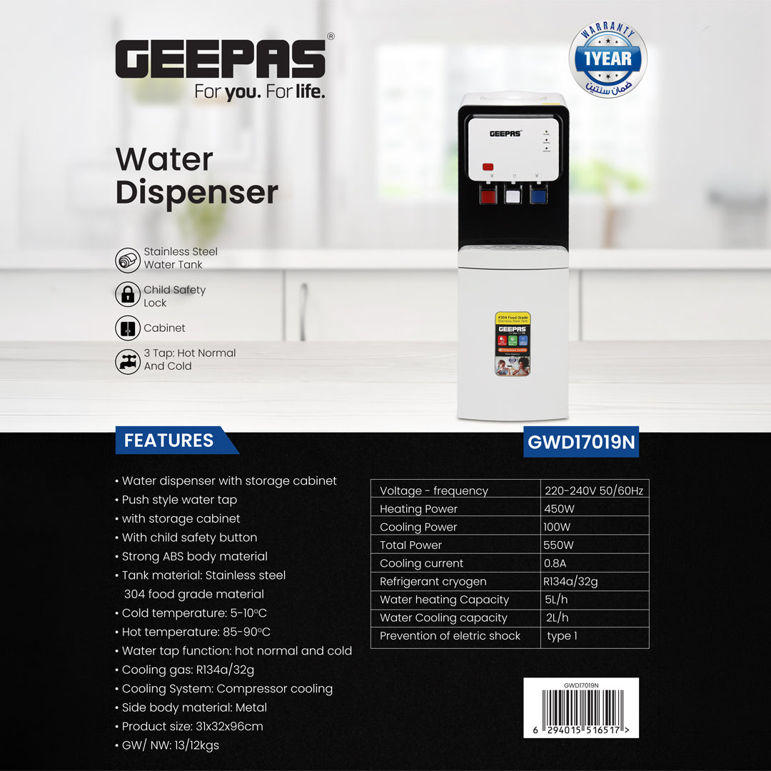 Geepas GWD17019 Water Dispenser with Hot, Cold & Normal Water| Food-Grade Stainless Steel Tank| Child Safety Lock| Built-In Storage Cabinet & Powerful Compressor