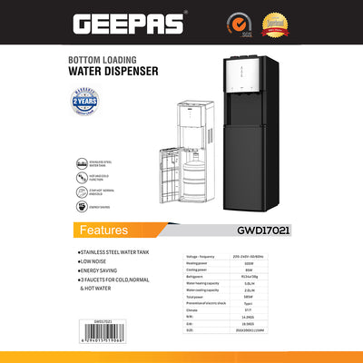 Geepas GWD17021 Bottom Loading Hot & Cold Water Dispenser | Stainless Steel Tank | Fast Cooling Compressor | Energy Efficient Performance & Built-In Storage Cabinet