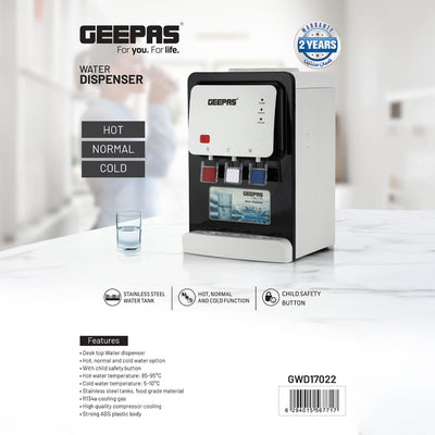 Geepas GWD17022 Water Dispenser | Hot, Normal & Cold Desktop Water Dispenser with Child Safety Lock | Stainless Steel Tank & Compressor Cooling | 2 Year Warranty
