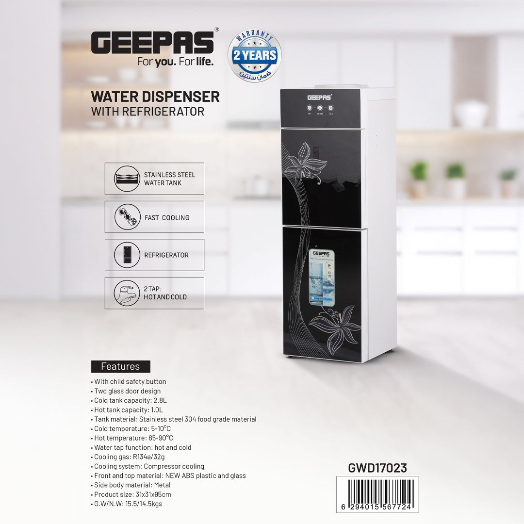 Geepas GWD17023 Water Dispenser with Refrigerator | Hot & Cold Water| Stainless Steel Tank |Fast Cooling |Child Safety Lock & Powerful Compressor Cooling| 2 Year Warranty
