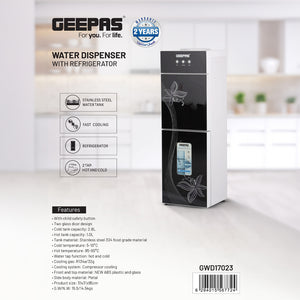 Geepas GWD17023 Water Dispenser with Refrigerator | Hot & Cold Water| Stainless Steel Tank |Fast Cooling |Child Safety Lock & Powerful Compressor Cooling| 2 Year Warranty