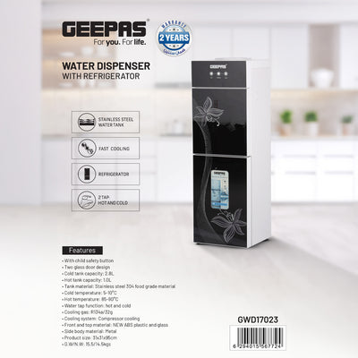 Geepas GWD17023 Water Dispenser with Refrigerator | Hot & Cold Water| Stainless Steel Tank |Fast Cooling |Child Safety Lock & Powerful Compressor Cooling| 2 Year Warranty