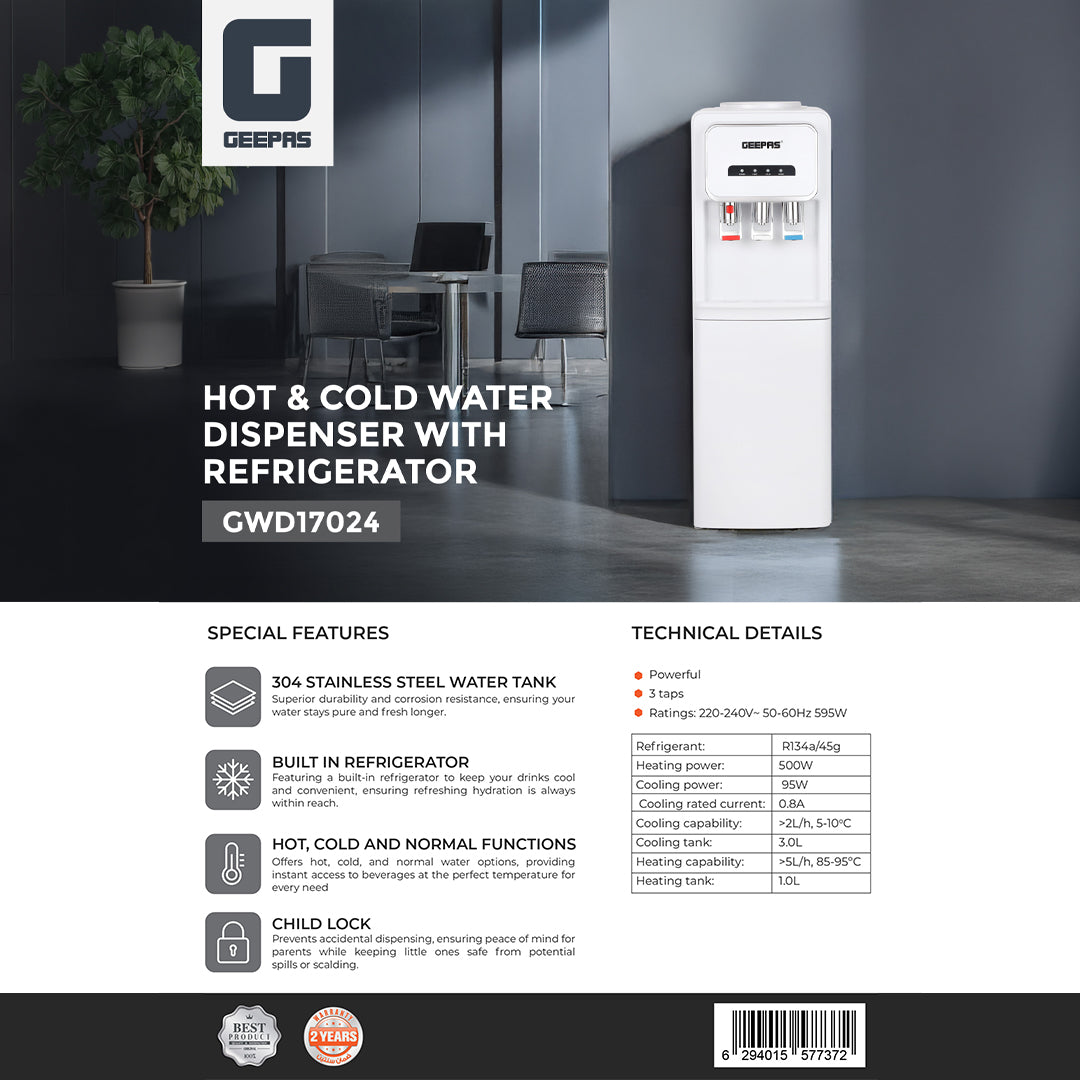 Geepas GWD17024 Hot & Cold Water Dispenser | Built-In Refrigerator | 3 Taps |  Child Safety Lock| 304 Stainless Steel Tank| Powerful Heating & Cooling Performance Pro