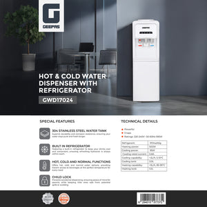 Geepas GWD17024 Hot & Cold Water Dispenser | Built-In Refrigerator | 3 Taps |  Child Safety Lock| 304 Stainless Steel Tank| Powerful Heating & Cooling Performance Pro