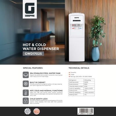 Geepas GWD17025 Hot & Cold Water Dispenser with Built-In Storage Cabinet| 304 Stainless Steel Tank | Child Safety Lock | Compressor Cooling System & 3 Tap Standing Design