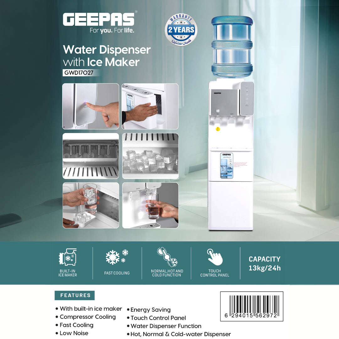 Geepas GWD17027 Water Dispenser with Built-In Ice Maker | Hot, Normal & Cold Water | Touch Control Panel | Fast Cooling | Energy Saving Design for Home & Office Use