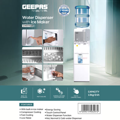 Geepas GWD17027 Water Dispenser with Built-In Ice Maker | Hot, Normal & Cold Water | Touch Control Panel | Fast Cooling | Energy Saving Design for Home & Office Use