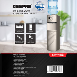 Geepas GWD17028 Hot, Cold & Normal Water Dispenser with Cabinet | Stainless Steel Water Tank| Low-Noise Compressor Cooling| Child Safety Lock &  Anti-Bacterial Design