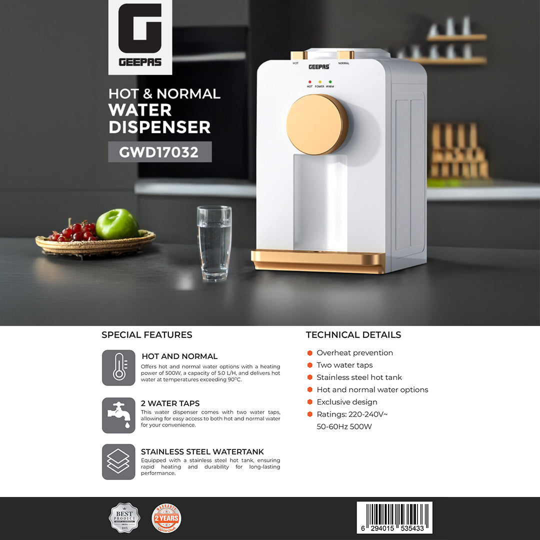 Geepas GWD17032 Hot & Normal Water Dispenser | Stainless Steel Hot Tank| 2 Water Taps| Overheat Protection | Stylish Compact Durable Design | Ideal for Home & Office Use