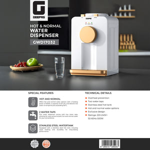 Geepas GWD17032 Hot & Normal Water Dispenser | Stainless Steel Hot Tank| 2 Water Taps| Overheat Protection | Stylish Compact Durable Design | Ideal for Home & Office Use