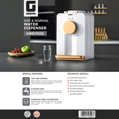 Geepas GWD17032 Hot & Normal Water Dispenser | Stainless Steel Hot Tank| 2 Water Taps| Overheat Protection | Stylish Compact Durable Design | Ideal for Home & Office Use
