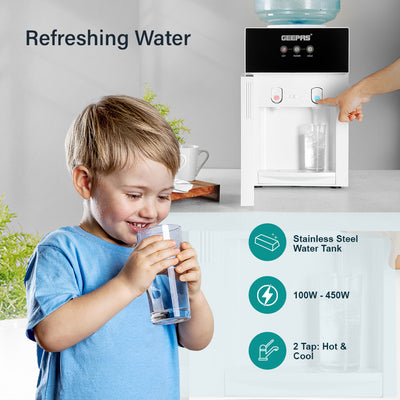 Geepas GWD17033 Hot & Cold Desk Top Water Dispenser | Stainless Steel Water Tank| Tempered Glass Door| Child Safety Lock | Fast Cooling Performance & Powerful Compressor