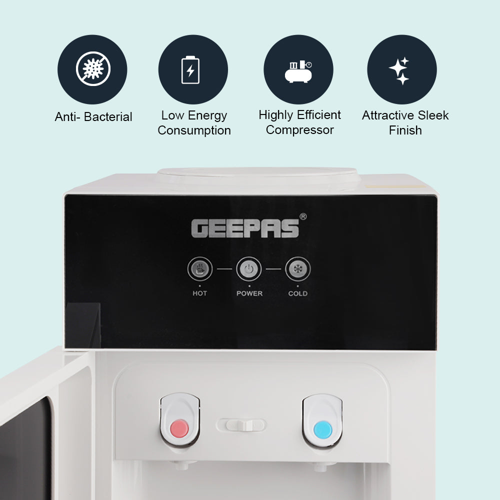 Geepas GWD17033 Hot & Cold Desk Top Water Dispenser | Stainless Steel Water Tank| Tempered Glass Door| Child Safety Lock | Fast Cooling Performance & Powerful Compressor