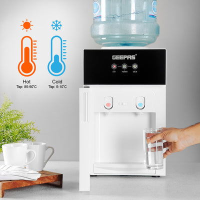 Geepas GWD17033 Hot & Cold Desk Top Water Dispenser | Stainless Steel Water Tank| Tempered Glass Door| Child Safety Lock | Fast Cooling Performance & Powerful Compressor