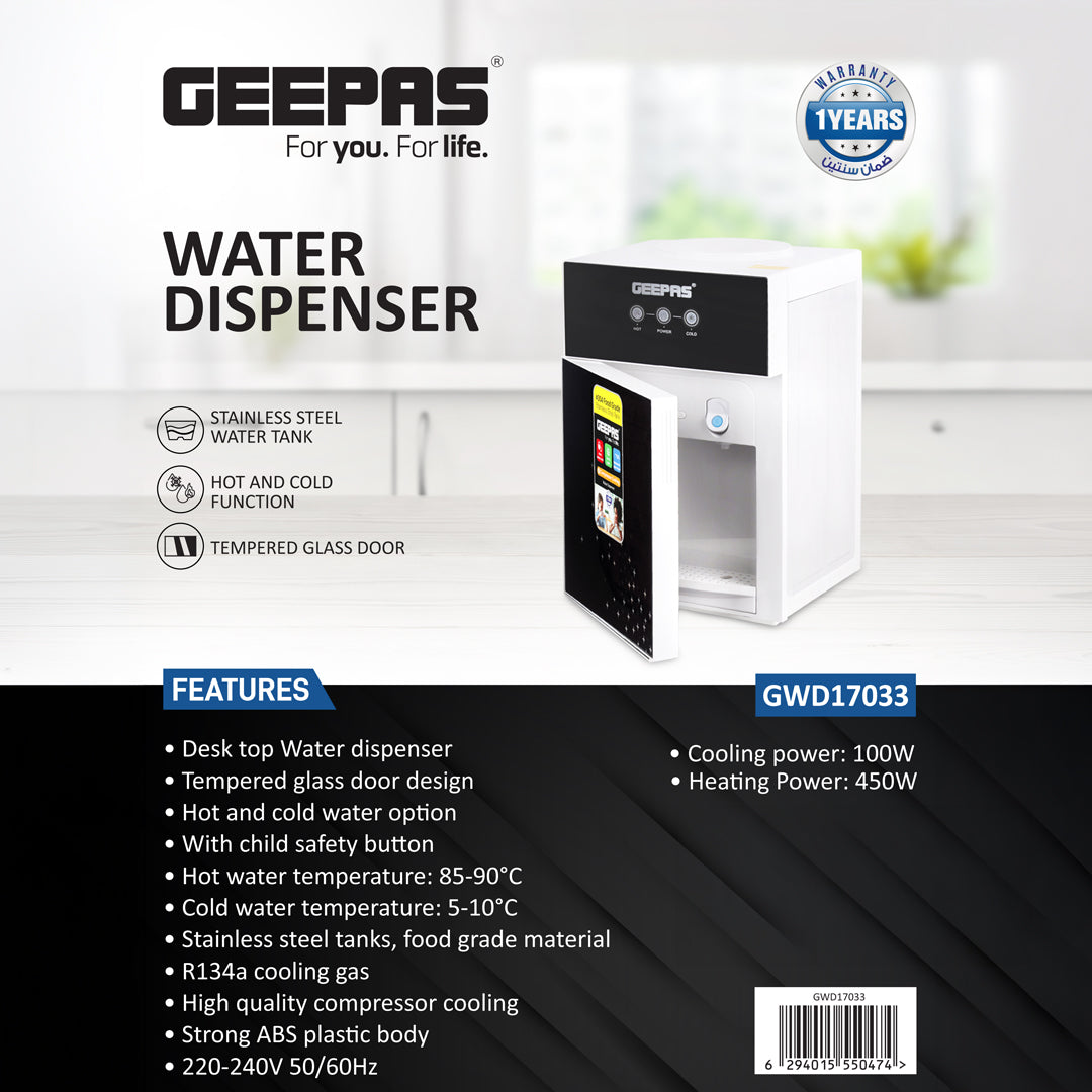 Geepas GWD17033 Hot & Cold Desk Top Water Dispenser | Stainless Steel Water Tank| Tempered Glass Door| Child Safety Lock | Fast Cooling Performance & Powerful Compressor
