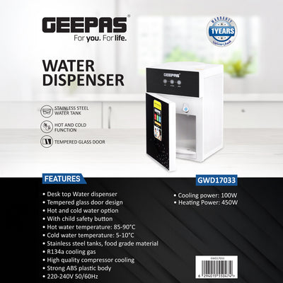 Geepas GWD17033 Hot & Cold Desk Top Water Dispenser | Stainless Steel Water Tank| Tempered Glass Door| Child Safety Lock | Fast Cooling Performance & Powerful Compressor