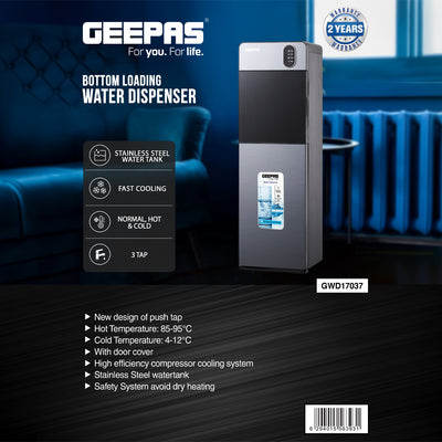 Geepas GWD17037 Bottom Loading Water Dispenser | Hot, Cold & Normal Water Options| Stainless Steel Water Tank| Fast Cooling Compressor System | 3 Tap Convenient Design
