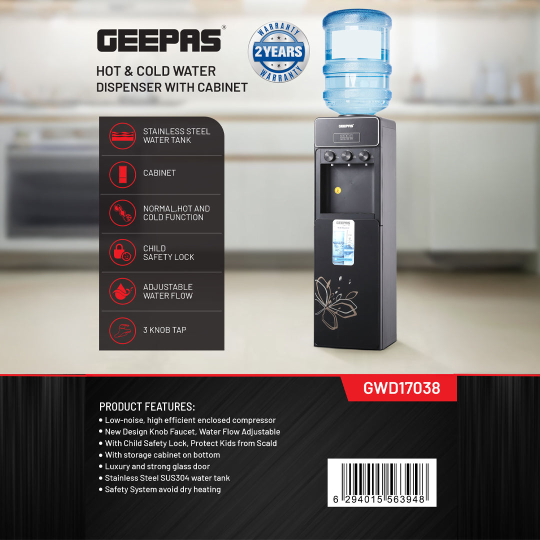Geepas GWD17038 Hot & Cold Water Dispenser with Cabinet | Stainless Steel Tank| Child Safety Lock| Adjustable Water Flow & Strong Glass Door | Low Noise Compressor