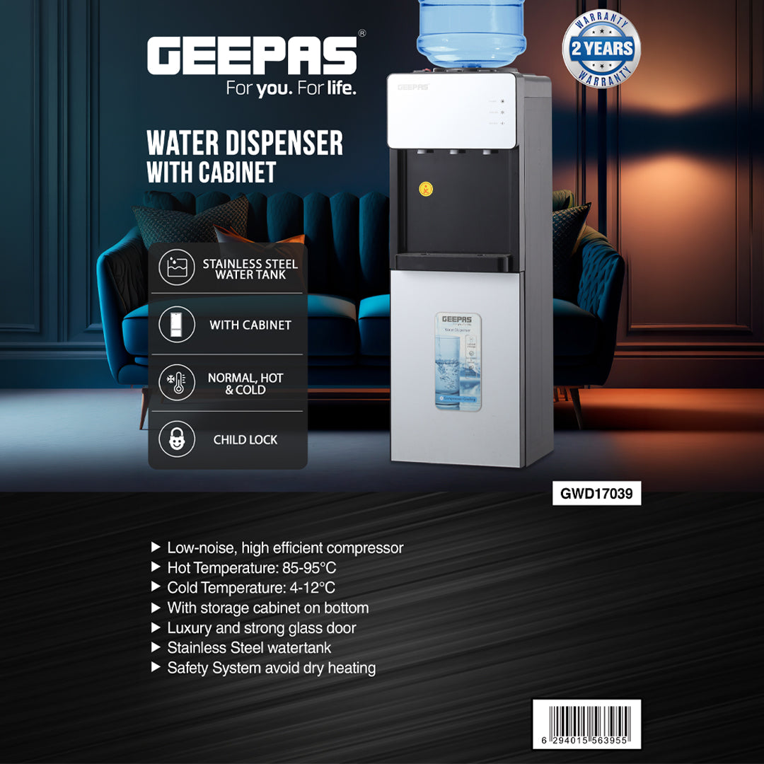 Geepas GWD17039 Water Dispenser with Cabinet | Hot, Cold & Normal Water | Stainless Steel Water Tank| Low-Noise Compressor| Child Lock & Bottom Storage for Home & Office