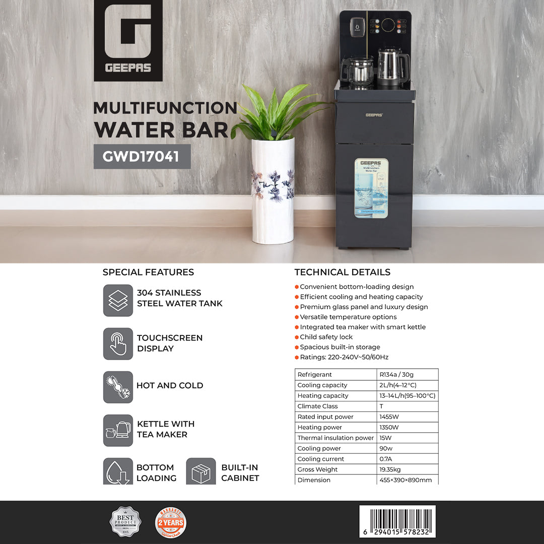 Geepas GWD17041 Multifunction Water Bar with Touchscreen Display | Hot & Cold Water Dispenser | Premium Tea Maker Kettle| Bottom Loading Design & Built-In Storage Cabinet