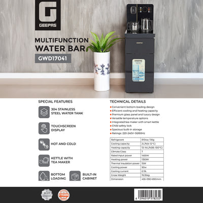 Geepas GWD17041 Multifunction Water Bar with Touchscreen Display | Hot & Cold Water Dispenser | Premium Tea Maker Kettle| Bottom Loading Design & Built-In Storage Cabinet