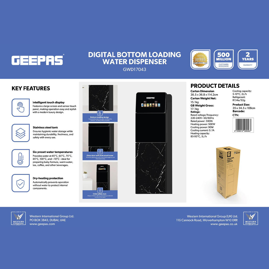 Geepas GWD17043 Digital Bottom Loading Water Dispenser | Touch Display |  Hot & Cold Water| Stainless Steel Tank | 6 Preset Temperature | Child Safety Lock | Energy Use