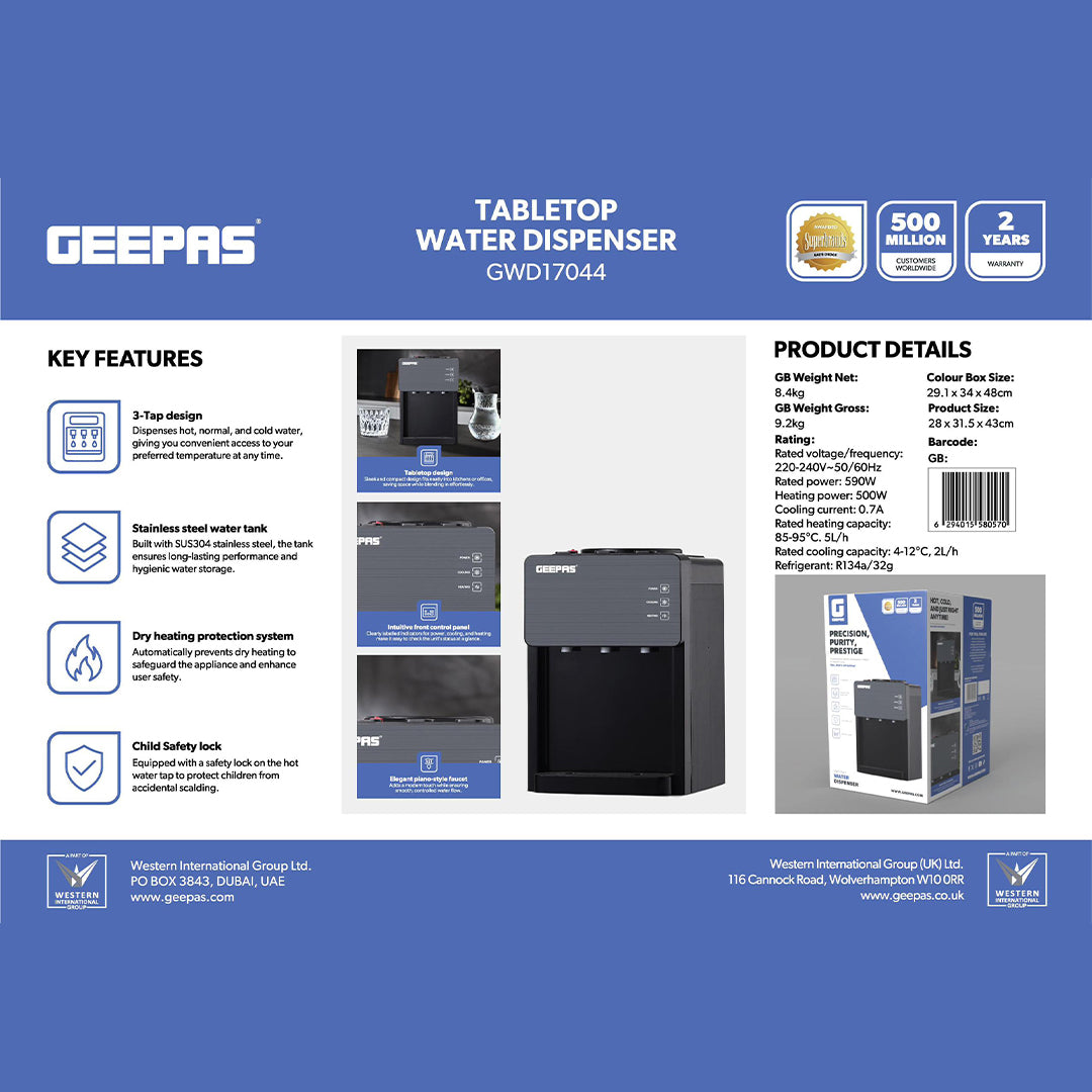Geepas GWD17044 Tabletop Water Dispenser|Hot, Cold & Normal Water |3-Tap Design| Child Safety Lock|SUS304 Stainless Steel Tank & Dry Heating Protection for Home & Office