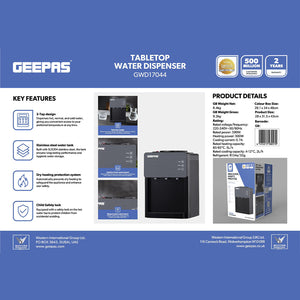 Geepas GWD17044 Tabletop Water Dispenser|Hot, Cold & Normal Water |3-Tap Design| Child Safety Lock|SUS304 Stainless Steel Tank & Dry Heating Protection for Home & Office