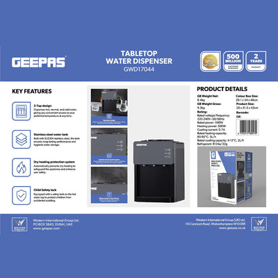 Geepas GWD17044 Tabletop Water Dispenser|Hot, Cold & Normal Water |3-Tap Design| Child Safety Lock|SUS304 Stainless Steel Tank & Dry Heating Protection for Home & Office