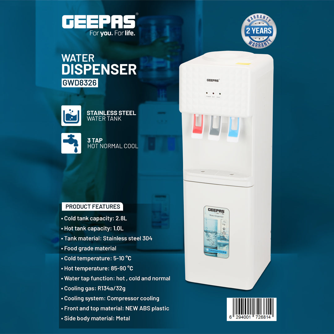 Geepas GWD8326 Water Dispenser | Hot, Cold & Normal Water| 3 Tap Design| Powerful Compressor Cooling System| Child Safety Lock & Stainless Steel Tank for Home & Office