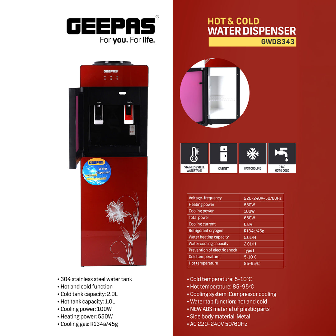 Geepas GWD8343 Hot & Cold Water Dispenser with Stainless Steel Tank | Fast Cooling Compressor| Energy Efficient Performance & Built-In Storage Cabinet for Home & Office