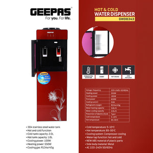 Geepas GWD8343 Hot & Cold Water Dispenser with Stainless Steel Tank | Fast Cooling Compressor| Energy Efficient Performance & Built-In Storage Cabinet for Home & Office