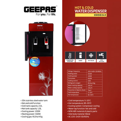 Geepas GWD8343 Hot & Cold Water Dispenser with Stainless Steel Tank | Fast Cooling Compressor| Energy Efficient Performance & Built-In Storage Cabinet for Home & Office