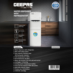 Geepas GWD8355 Water Dispenser with Refrigerator | Hot, Cold & Normal Water | Stainless Tank | Compressor Cooling | Child Safety Lock | 3 Tap Design | 2 Year Warranty